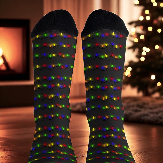Festive Christmas Light String Holiday  Socks (Festive Christmas socks with colorful string lights on a dark background, fun holiday style)