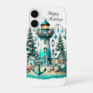 Festive Christmas lighthouse Holiday customizable iPhone 16 Case
