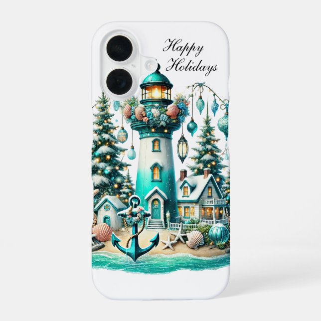 Festive Christmas lighthouse Holiday customizable  iPhone Case (Back)