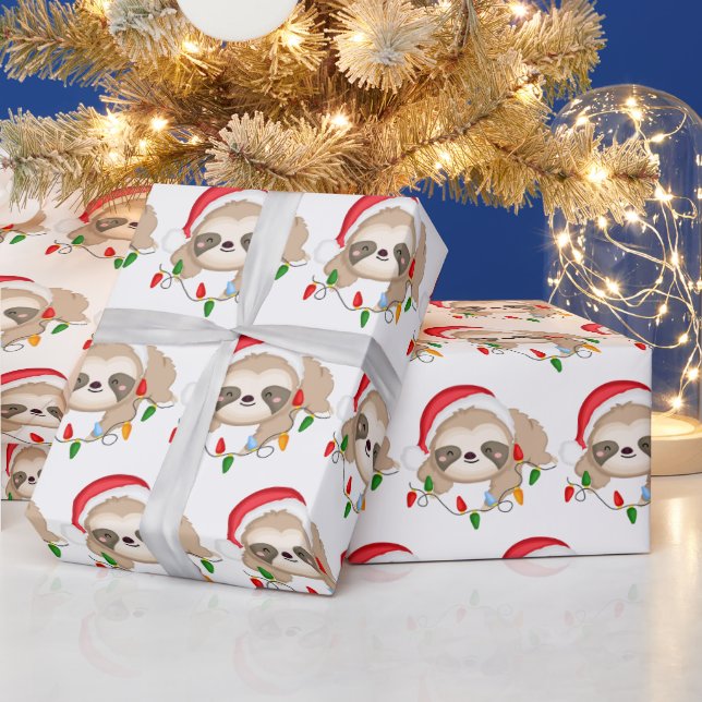 Festive Christmas lights and sloth party Wrapping Paper (Holidays)