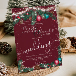 Festive Christmas lights pine branch snow wedding Invitation