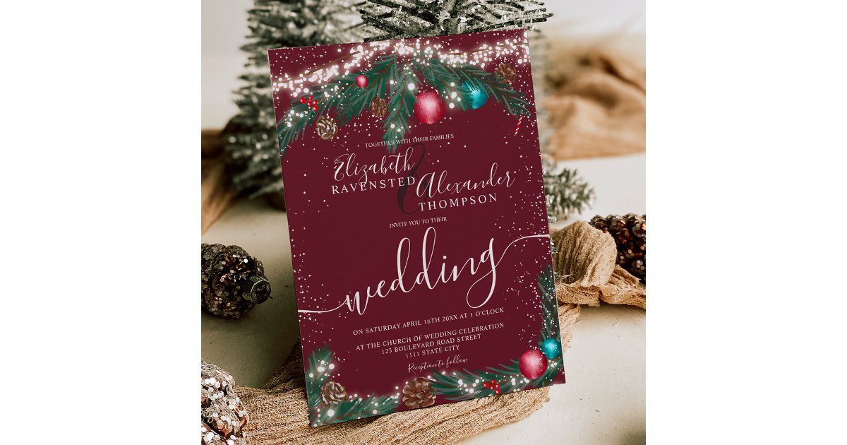Festive Christmas lights pine branch snow wedding Invitation | Zazzle