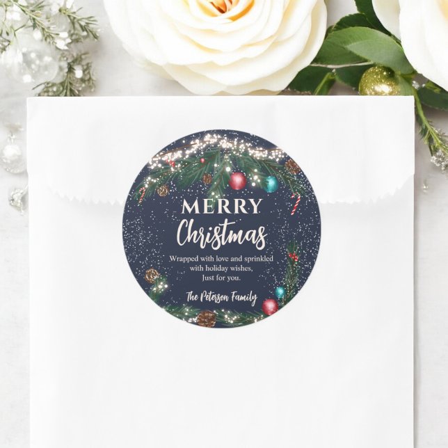 Festive Christmas lights pine branches snow blue Classic Round Sticker (Festive Christmas lights pine branches snow blue Classic Round Sticker)