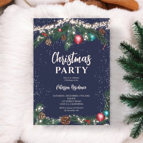 Festive Christmas lights pine branches snow blue Invitation