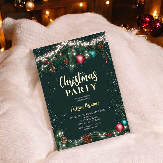 Festive Christmas lights pine branches snow green Foil Invitation (Festive Christmas lights pine branches snow green Foil Invitation)