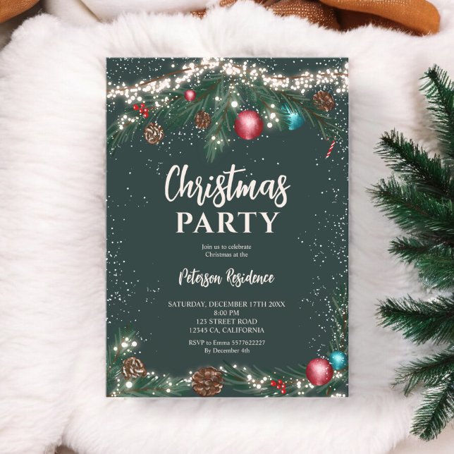 Festive Christmas lights pine branches snow green Invitation (Festive Christmas lights pine branches snow green Invitation)