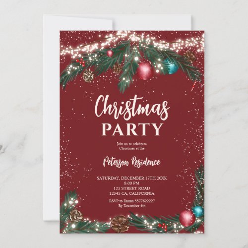 Festive Christmas lights pine branches snow red Invitation