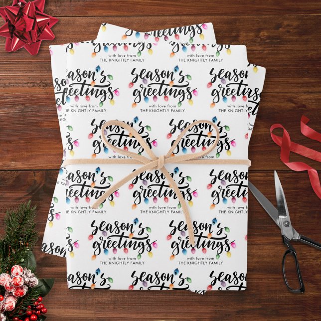 Festive Christmas Lights Seasons Greetings Name Wrapping Paper Sheets (Creator Uploaded)