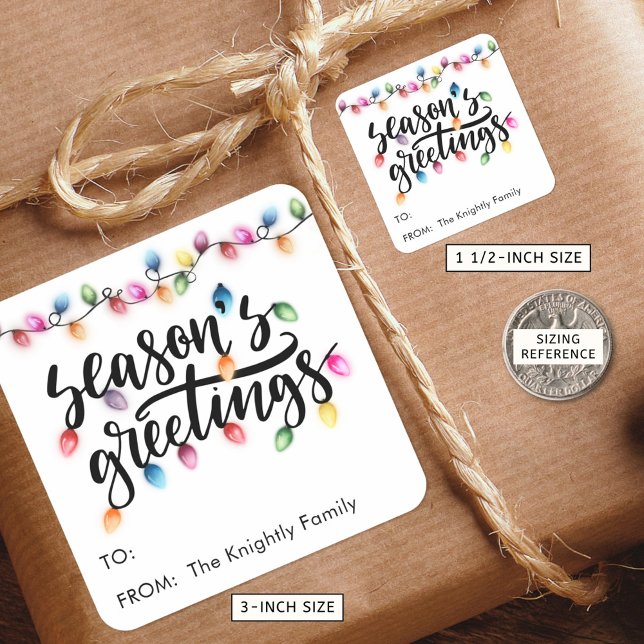 Festive Christmas Lights Seasons Greetings TO FROM Square Sticker (Creator Uploaded)