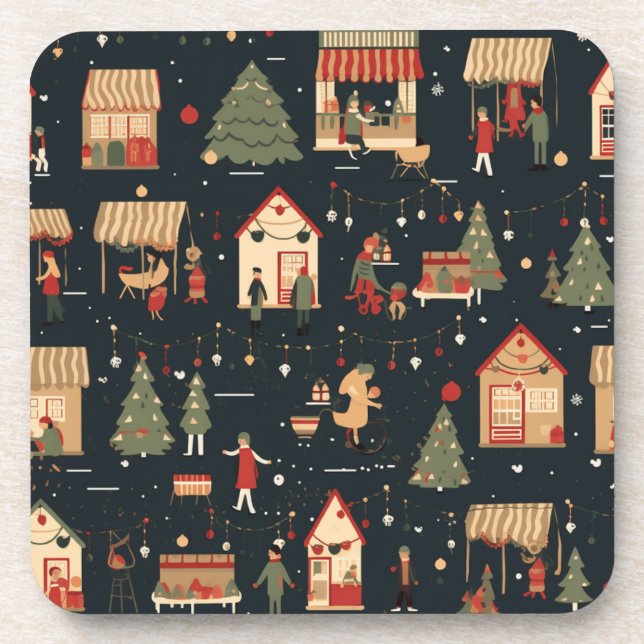 Festive Christmas Market Pattern Beverage Coaster (Front)