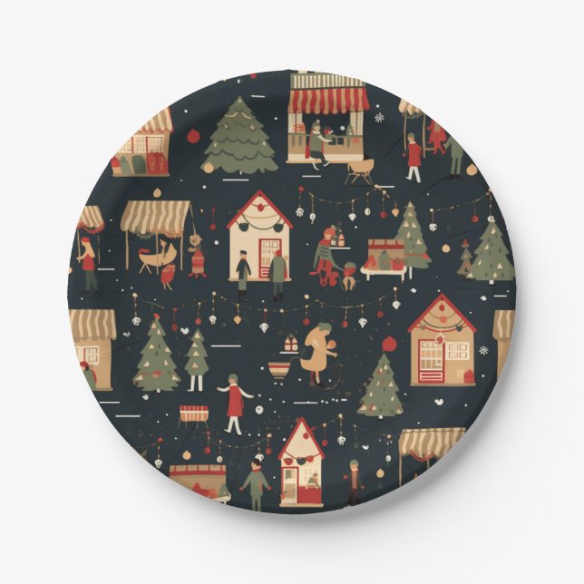 Festive Christmas Market Pattern Paper Plates (Front)