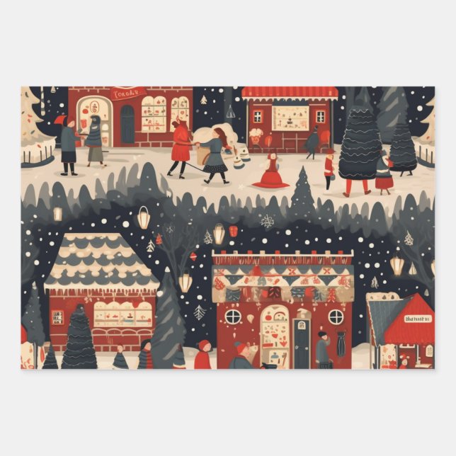 Festive Christmas Market Pattern Wrapping Paper Sheets (Front)