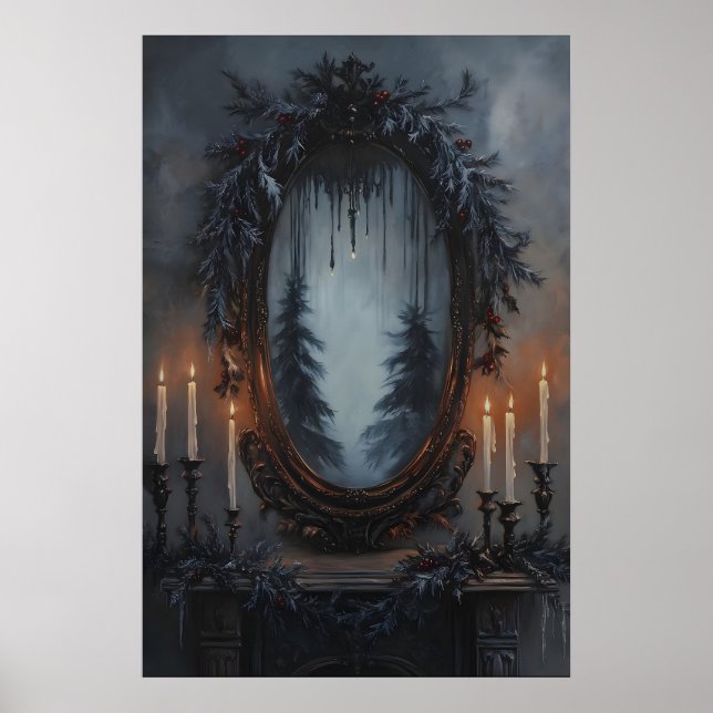 Festive Christmas Mirror with Pine Garland and Poster (Front)