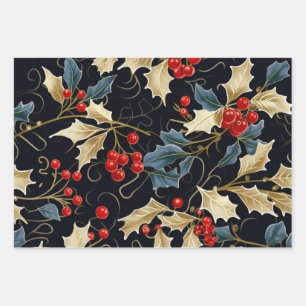 Festive Christmas Mistletoe ,Holly Leaves, Berries Wrapping Paper Sheets