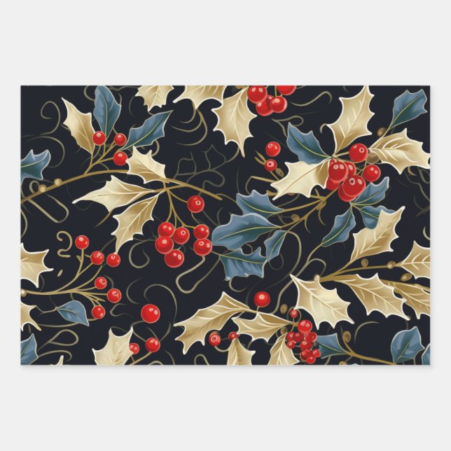 Festive Christmas Mistletoe ,Holly Leaves, Berries Wrapping Paper Sheets (Front)