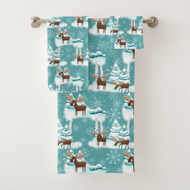 Festive Christmas Moose pattern towel set (Insitu)