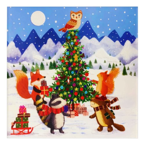 Festive Christmas Mountain Woodland Animal Family Acrylic Print