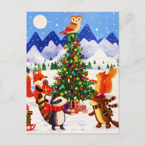 Festive Christmas Mountain Woodland Animal Family Holiday Postcard
