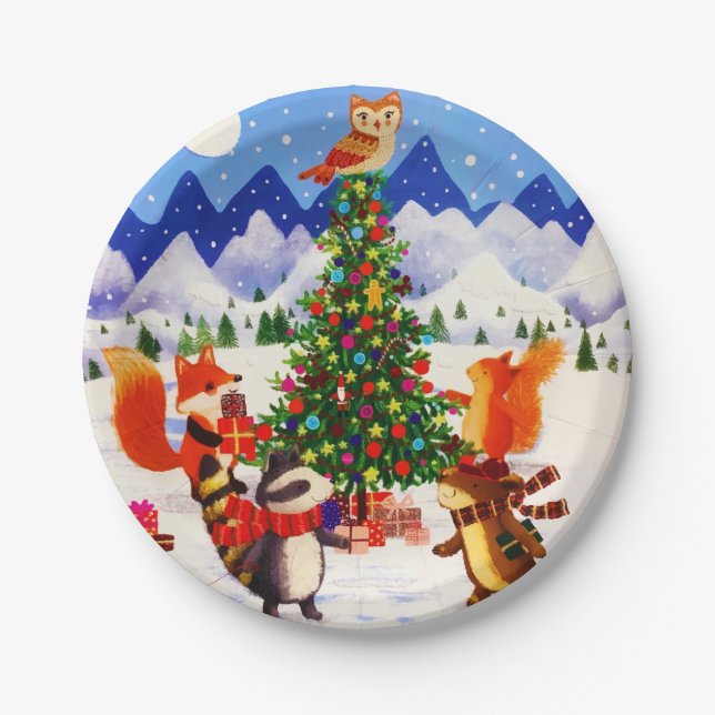 Festive Christmas Mountain Woodland Animal Family Paper Plates (Front)