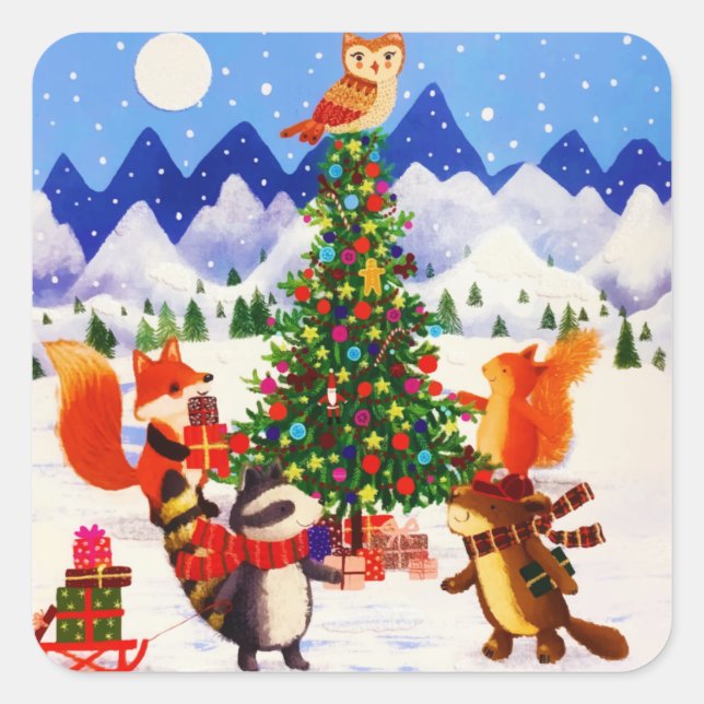 Festive Christmas Mountain Woodland Animal Family Square Sticker (Front)