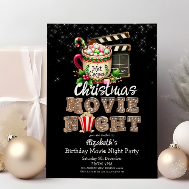 Festive Christmas Movie Night Cocoa Popcorn Party Invitation (Creator Uploaded)