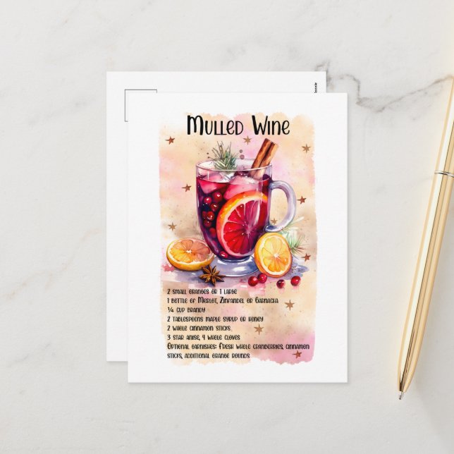 Festive Christmas Mulled Wine recipe Holiday Postcard (Front/Back In Situ)