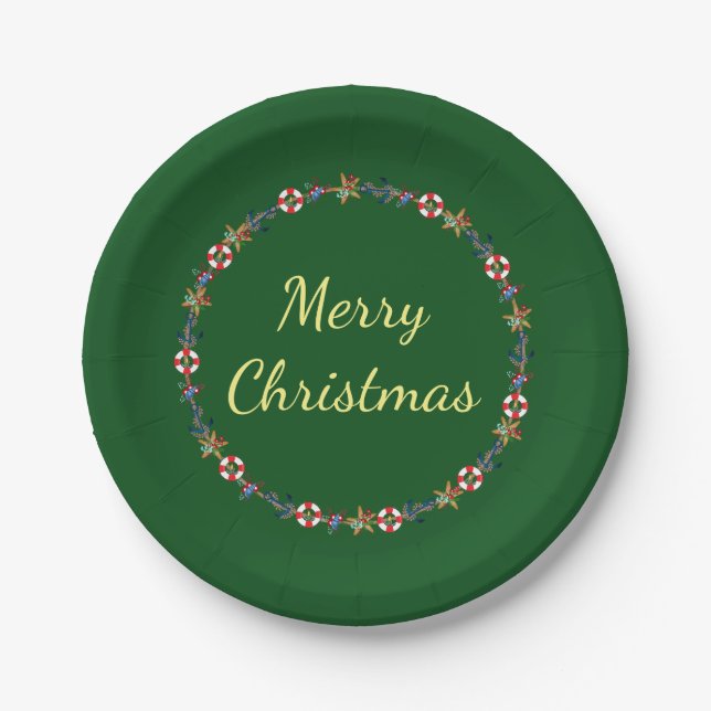 Festive Christmas Nautical Wreath Merry Christmas Paper Plates (Front)