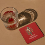Festive Christmas Nutcracker  Beverage Coaster<br><div class="desc">Christmas theme Nutcracker with ornament,  Merry Christmas white typography,  and customizable text on a red background.</div>