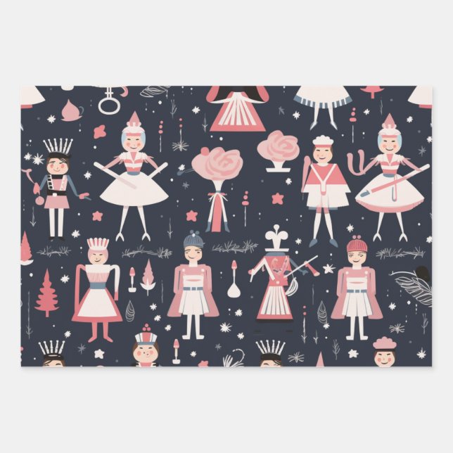 Festive Christmas Nutcracker Theme Pattern Wrapping Paper Sheets (Front)