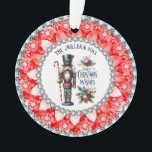 Festive Christmas Nutcrackers Red Diamonds Frame Ornament<br><div class="desc">Colorful Christmas nutcracker ornament design with holiday symbols on a white background with an image of a red diamond frame.</div>