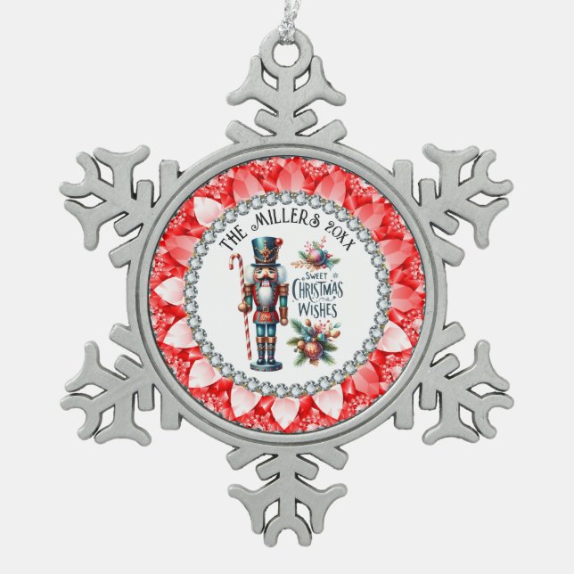 Festive Christmas Nutcrackers Red Diamonds Frame Snowflake Pewter Christmas Ornament (Front)