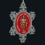 Festive Christmas Nutcrackers  Snowflake Pewter Christmas Ornament<br><div class="desc">Colorful Christmas nutcracker ornament design with holiday symbols with a red background and custom text in white.</div>