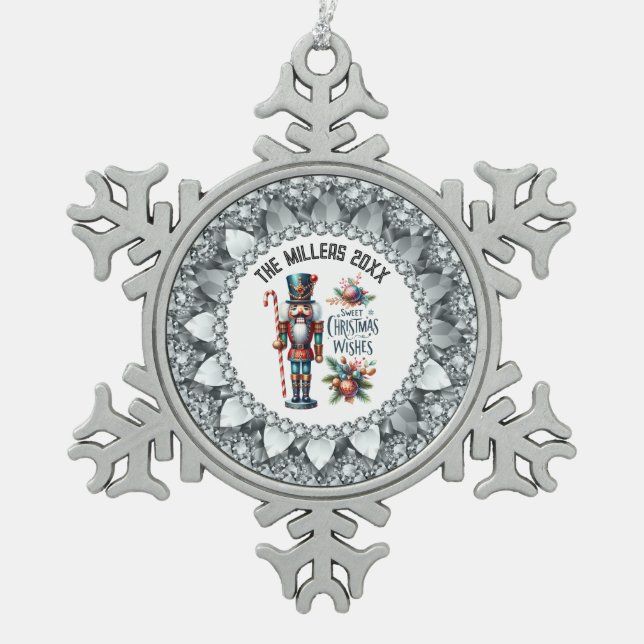 Festive Christmas Nutcrackers White Diamonds Frame Snowflake Pewter Christmas Ornament (Front)
