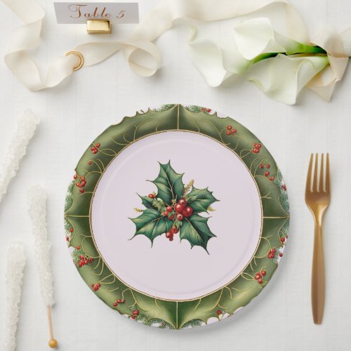 Festive Christmas Olive Green Holly  Paper Plates