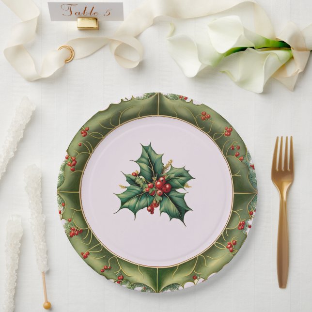 Festive Christmas Olive Green Holly  Paper Plates (Wedding)