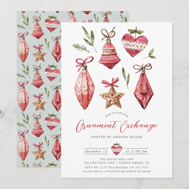 Festive Christmas Ornament Exchange Party Invitation (Front/Back)