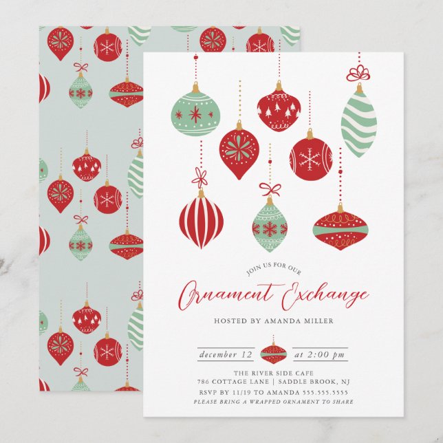 Festive Christmas Ornament Exchange Party Invitation (Front/Back)