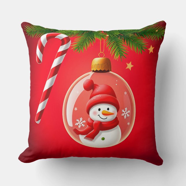 Festive Christmas Ornament with Snowman Throw Pillow (Front)