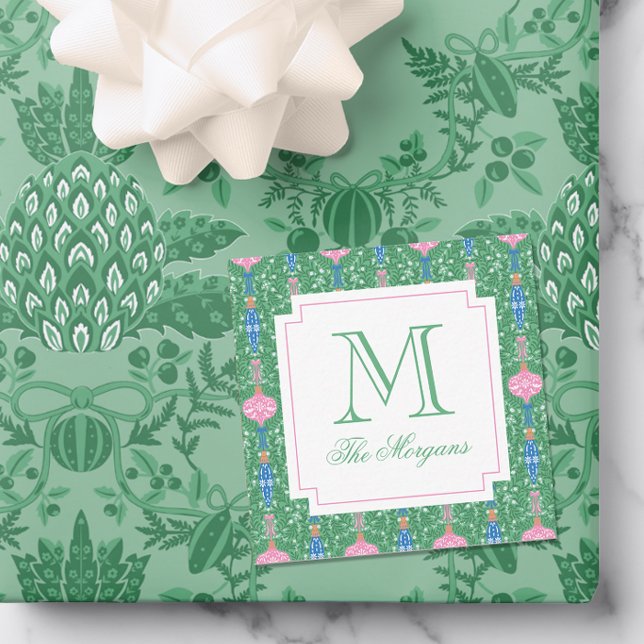Festive Christmas Ornaments Monogram Enclosure Note Card (Creator Uploaded)