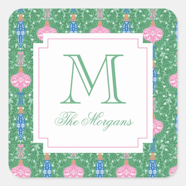 Festive Christmas Ornaments Monogram Gift Square Sticker (Front)