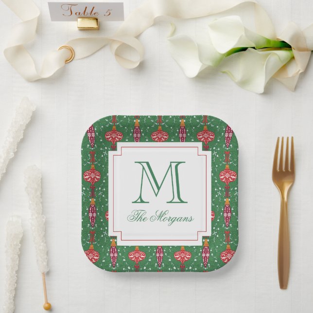 Festive Christmas Ornaments Monogram Paper Plates (Wedding)