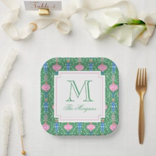 Festive Christmas Ornaments Monogram Paper Plates