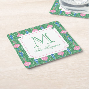 Festive Christmas Ornaments Monogram Square Paper Coaster