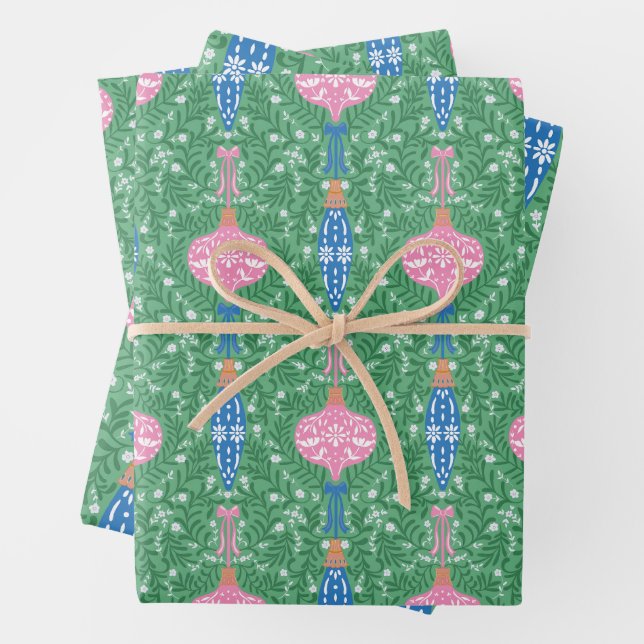 Festive Christmas Ornaments Pattern Wrapping Paper Sheets (In situ)