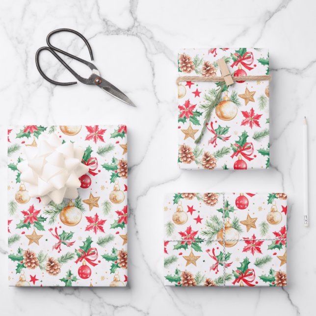 Festive Christmas Ornaments Wrapping Paper Sheets (Front)