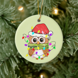 festive Christmas owl add sentiment Ceramic Ornament
