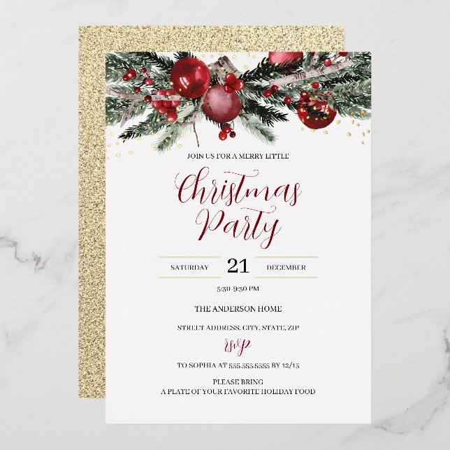 Festive Christmas Party Foliage Red Gold  Foil Invitation (Front/Back)
