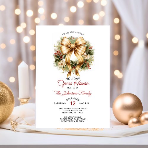 Festive CHRISTMAS PARTY Red Gold Wreath Open House Invitation