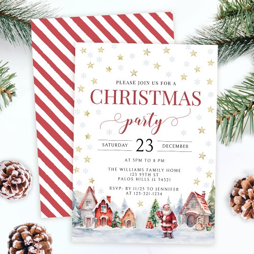 Festive Christmas party Santa red gold invitation