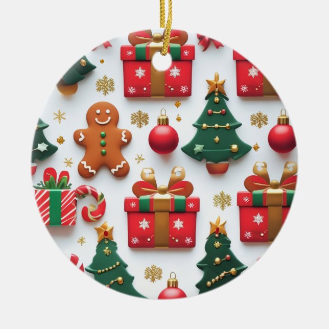 Festive Christmas Pattern Ceramic Ornament (Front)